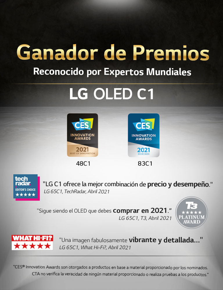 Gráfica que muestra los premios de CES, TechRadar y T3 que ha recibido LG en 2021 por LG OLED C1.